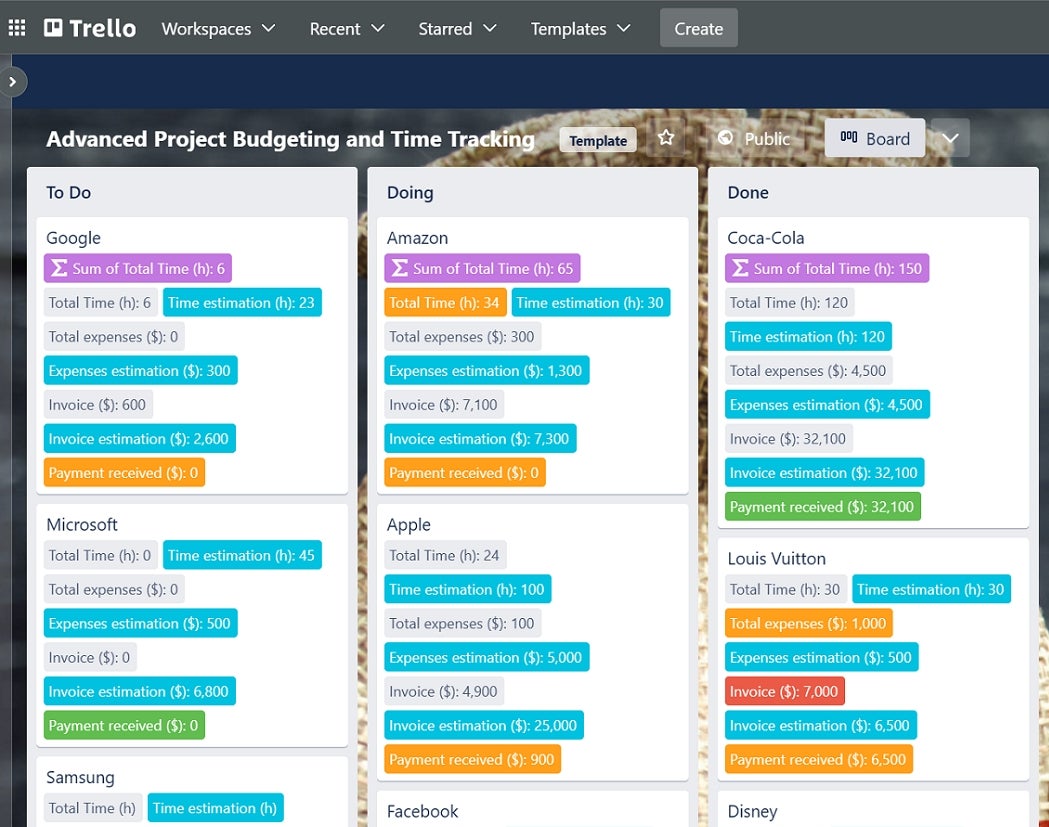 A budgeting and time-tracking template in Trello.