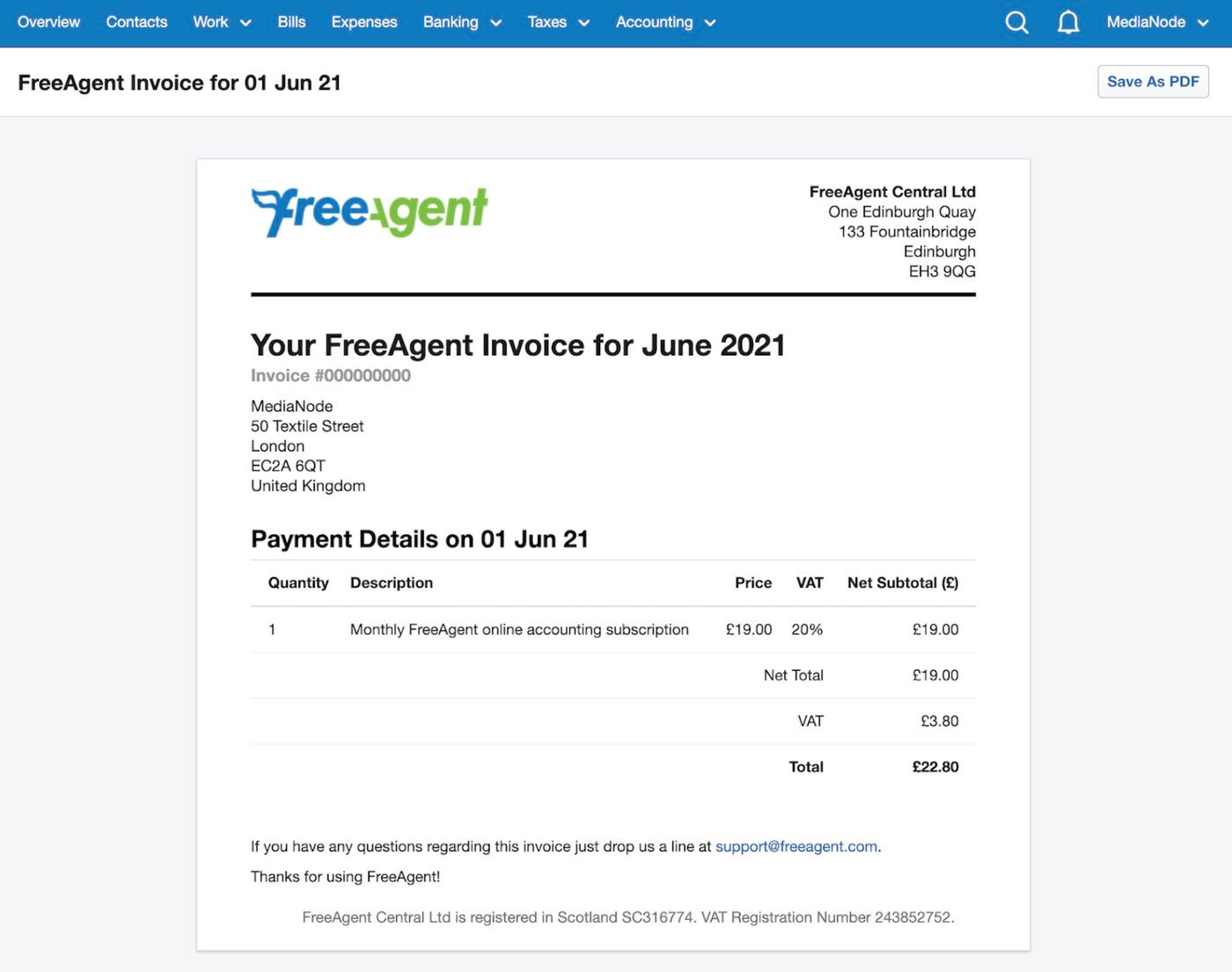 An example of a FreeAgent invoice. 