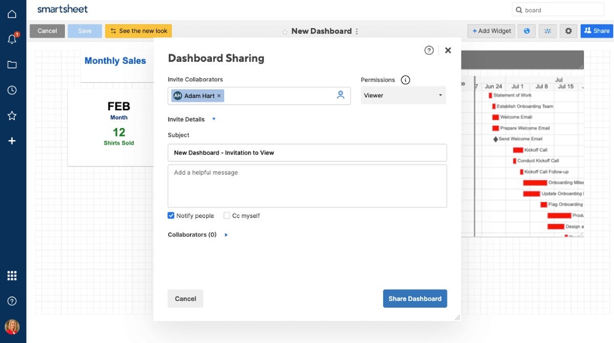Smartsheet project dashboard sharing view.