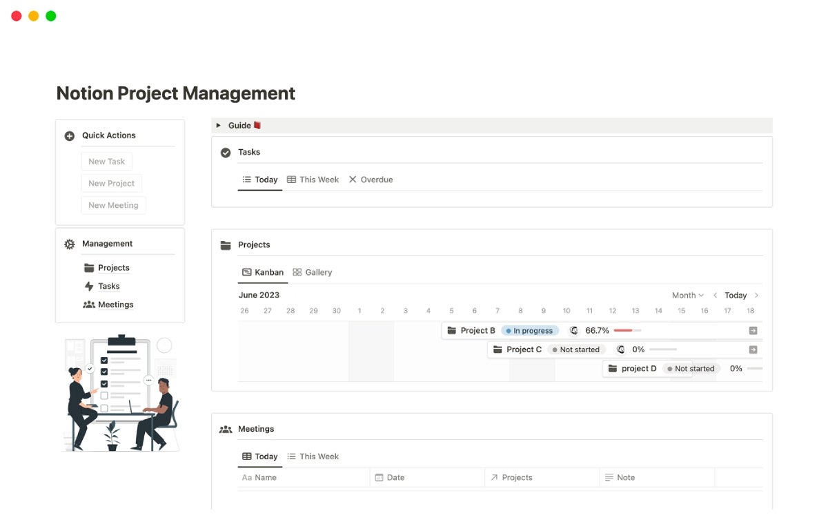 Notion project management dashboard.