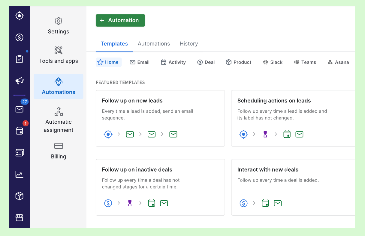 Pipedrive automation template page.