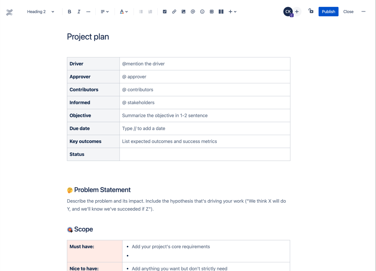 Project plan template in Confluence.
